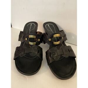 Rockport Black Leather Sz 8 Circles Entwined Strappy Metal Center Wedge sandals